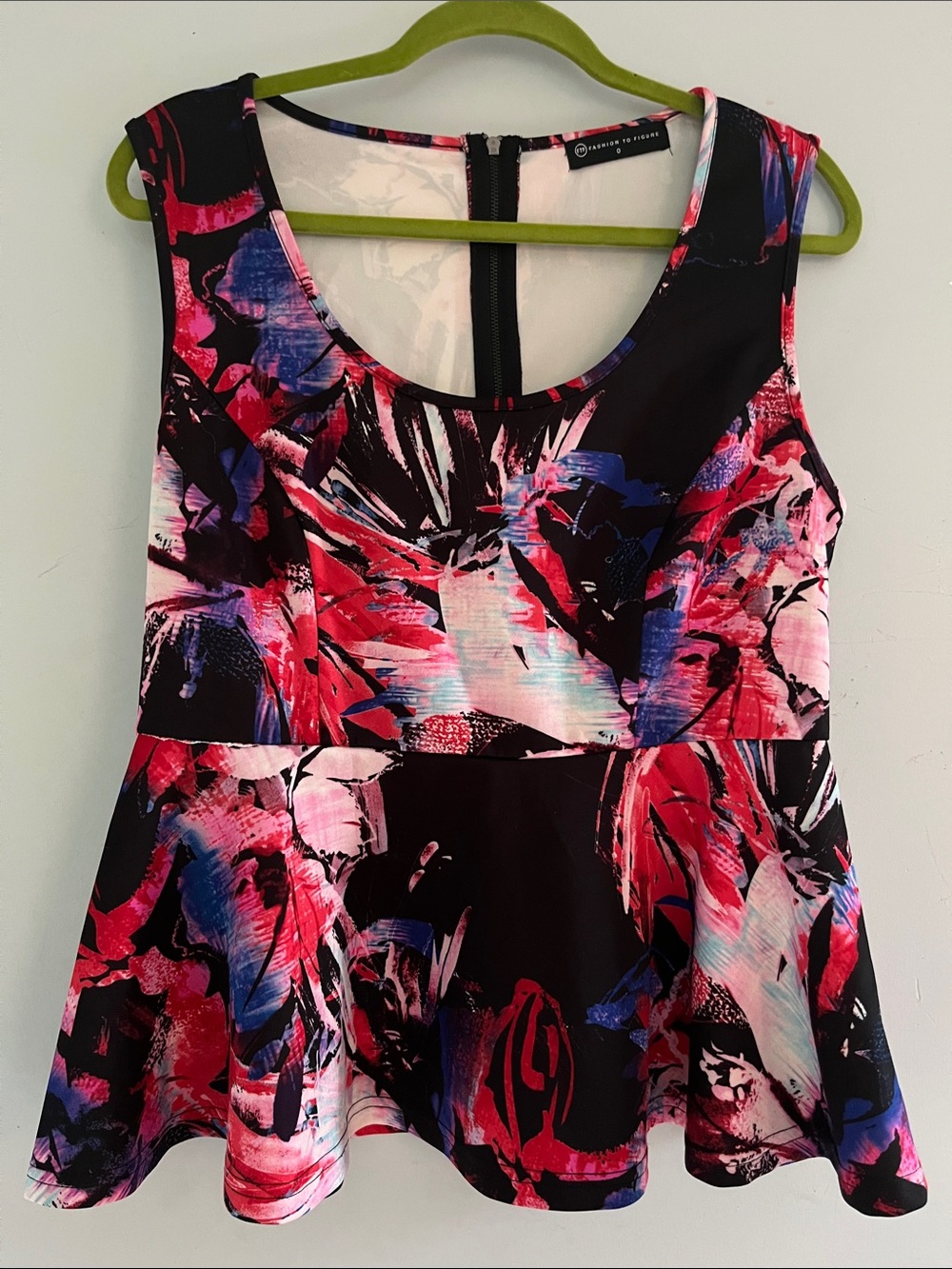 Fashion to Figure Black Floral-Print Peplum Tank with Pink & Blue Accents